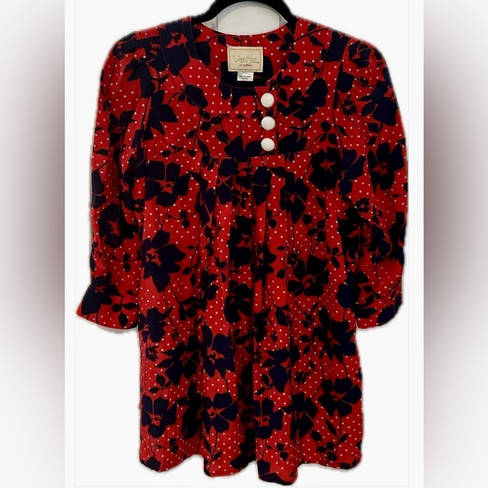 VANITAS OF CALIFORNIA Red and Blue Floral Dress with Pearl Buttons, Size S